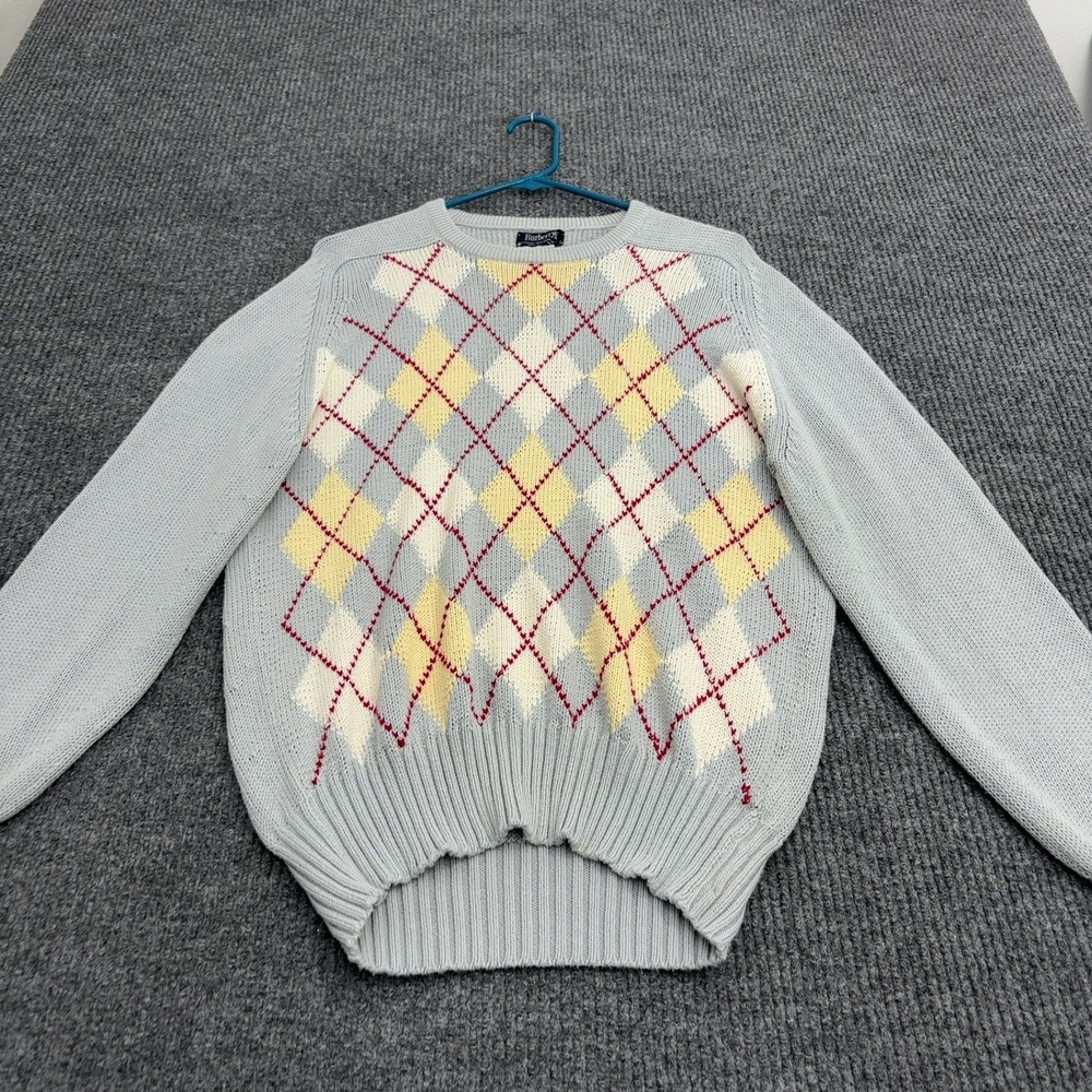 Vintage Burberry Sweater Mens 44 Blue Cotton Argyle Hand Intarsia Preppy Classic
